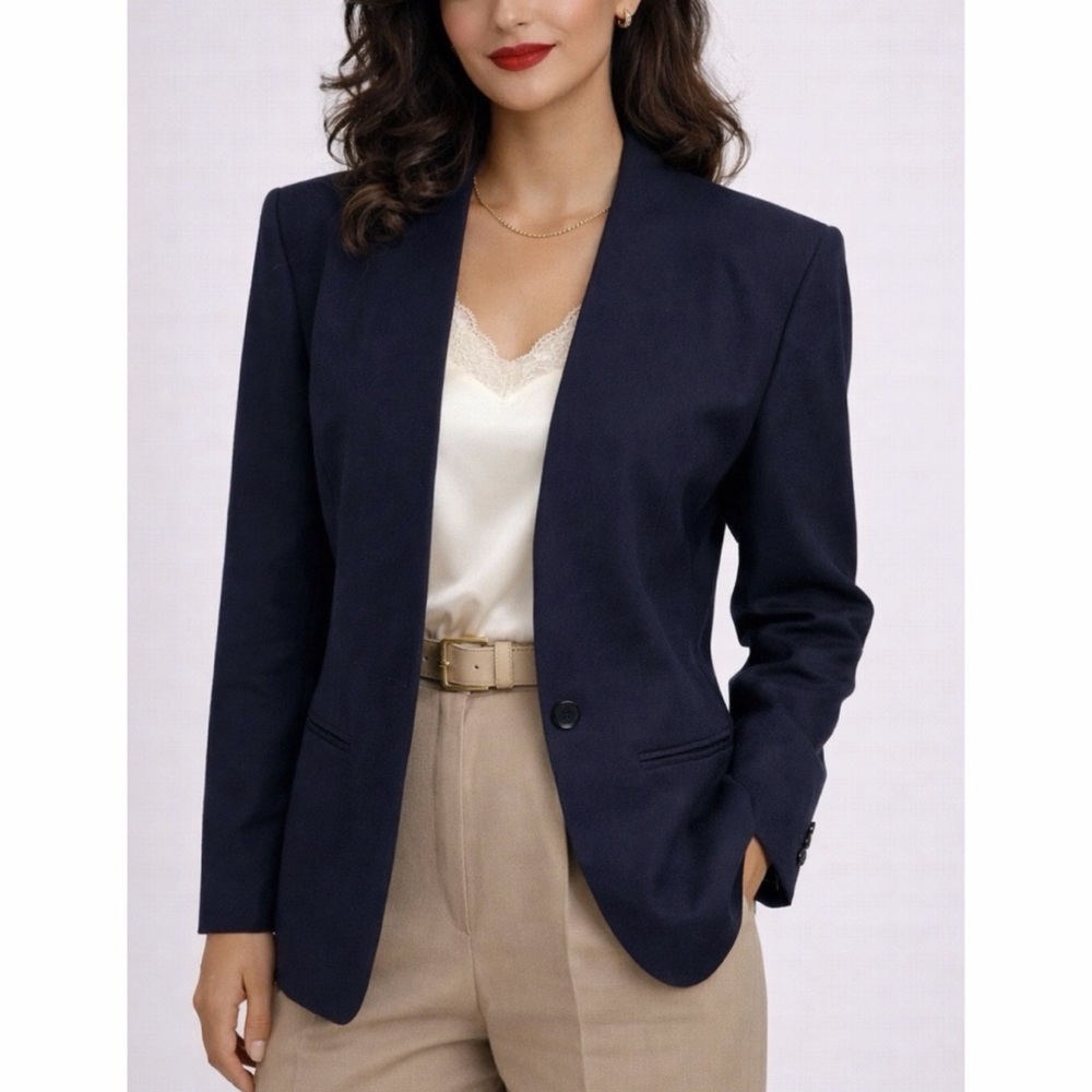 (VTG) JASON PRESCOTT • Petites Navy Blue Structured Pure Wool Blazer Jacket, 4P - Picture 1 of 13